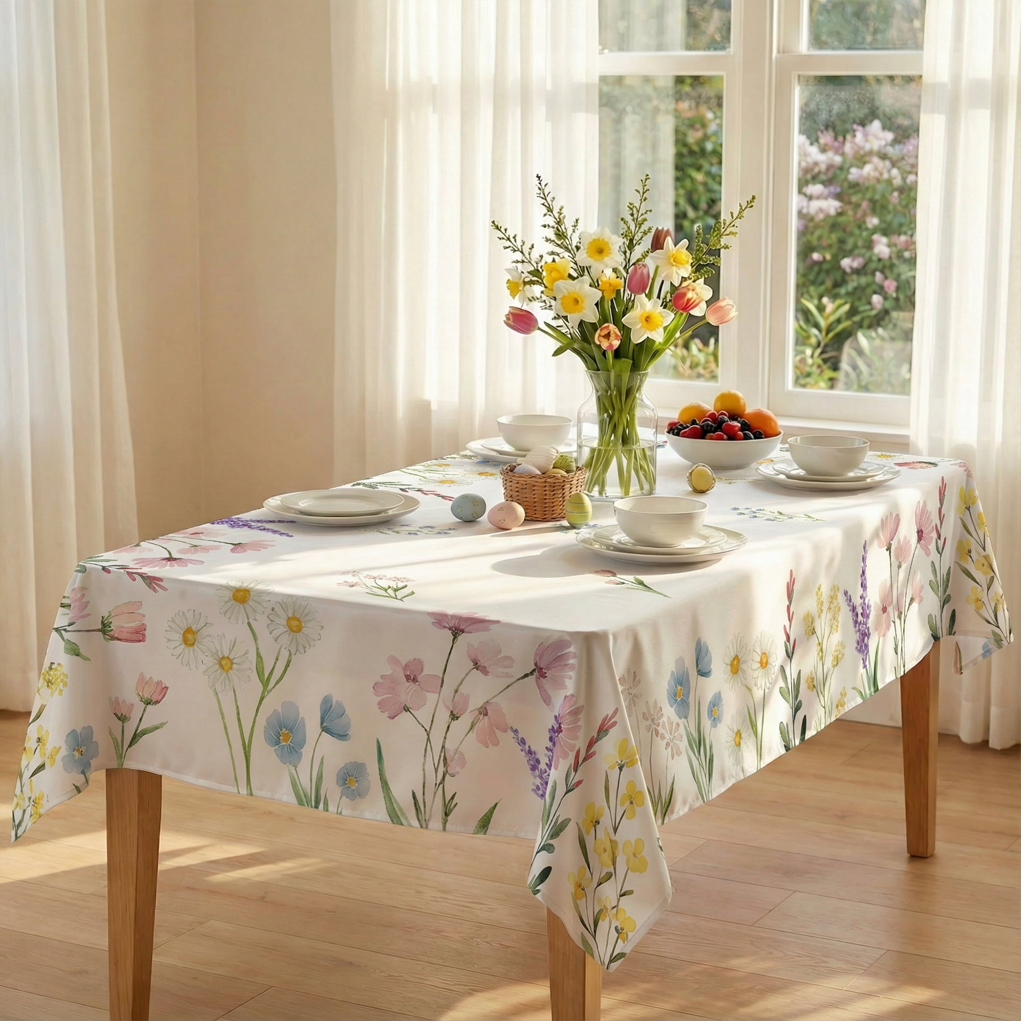Sm:)e Blooming Floral Wild Flowers Spring Tablecloth 60 x 84 Inch Seasonal Rectangle Washable Table Linen Holiday Table Cover for Home Kitchen Dinner Decor
