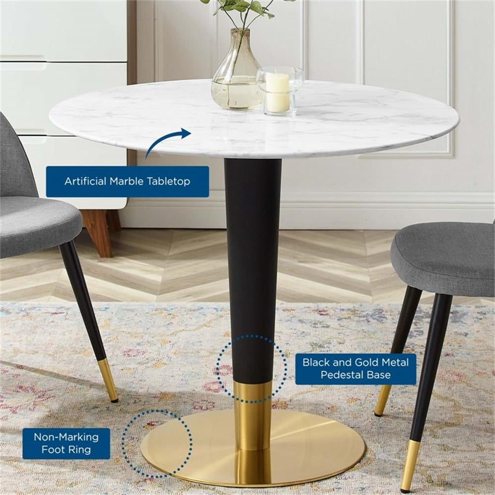 Modway Zinque 35.5" Round Wood & Artificial Marble Dining Table in White/Gold