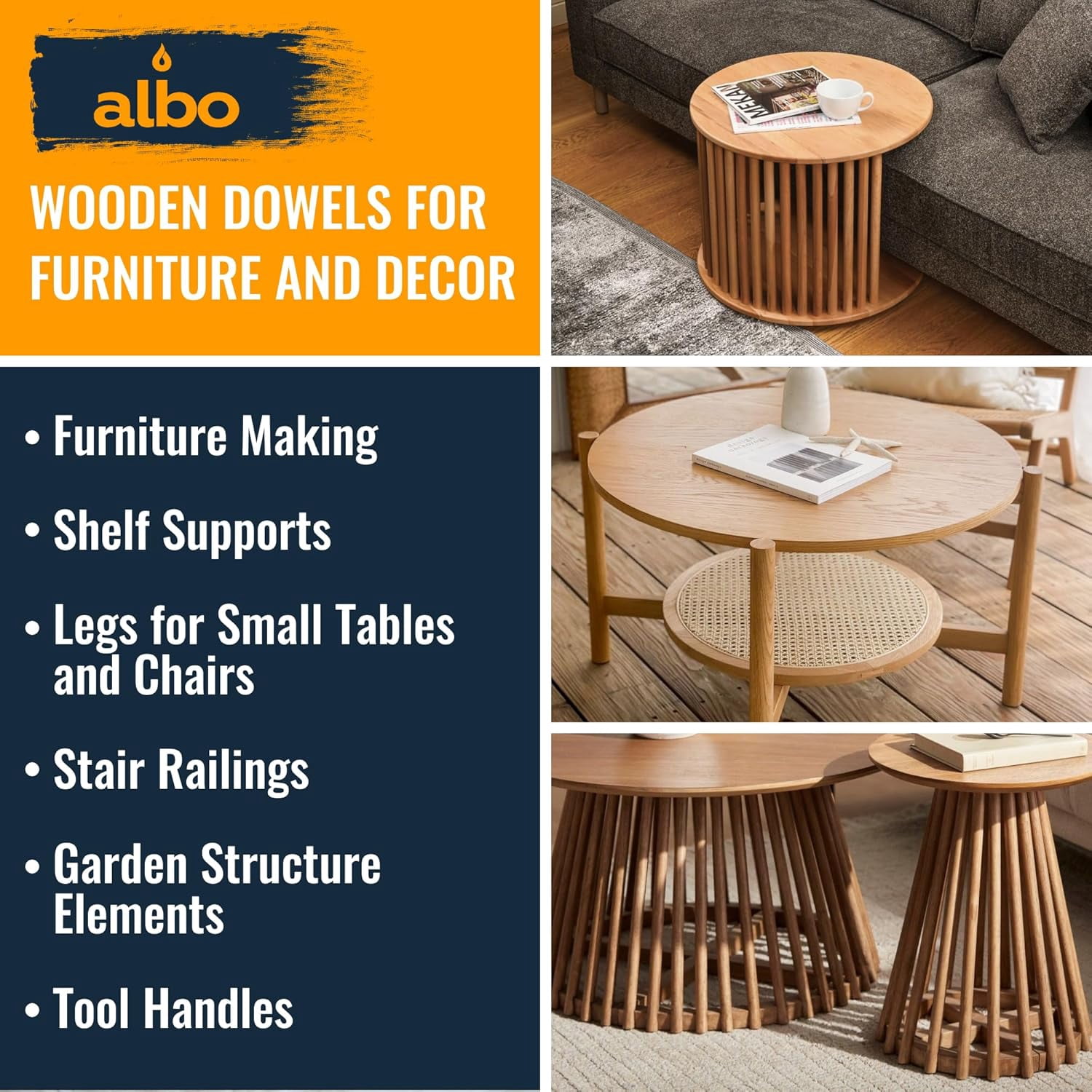 ALBO Wooden Dowel Rods - 25 Pack Birch Hardwood Round Dowel for Crafts, Furniture, DIY Projects