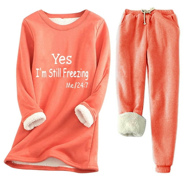 Haivin Two-Piece Fleece Set for Woman, Solid Color Print Long Sleeve Round Neck Thermal Top and Drawstring Pocket Pants, Warm for Winter and Daily Wear