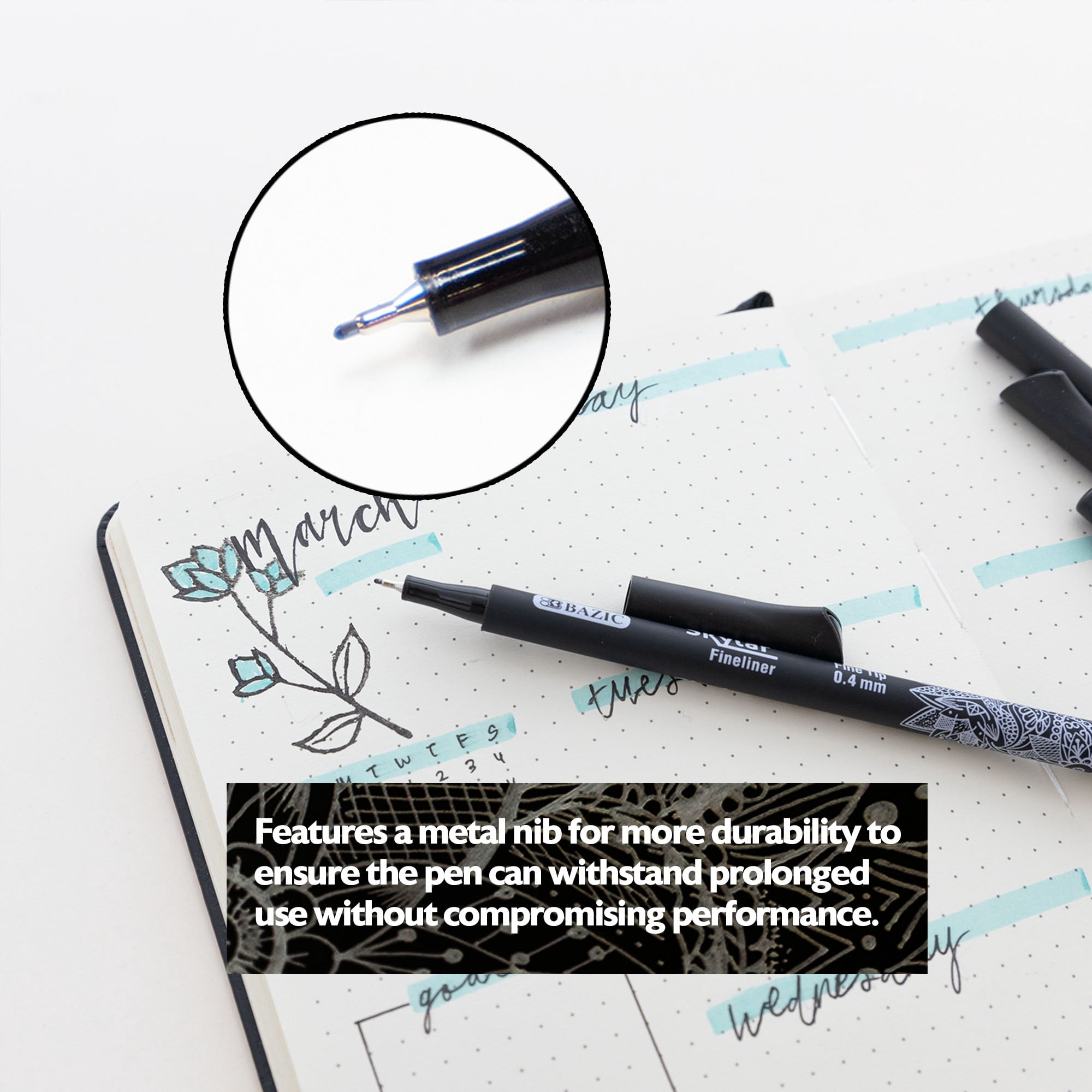 BAZIC Skylar Fineliner Pen, Fine Tip 0.4mm Pens, Black Ink, 4 Count, 24-Packs