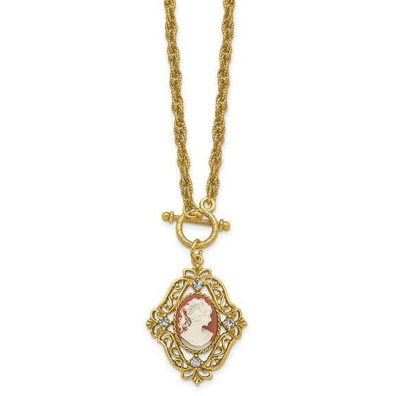 Auriga Gold-tone Filigree Frame Crystal Accent Dark Carnelian Lady Cameo Necklace for Women 18"