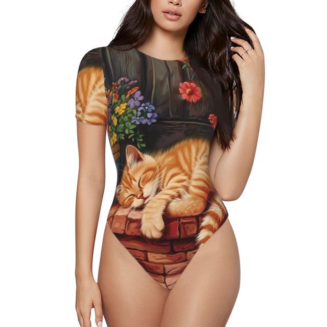 Fotbe Sleeping Cat Flowers Body de Mujer con Cuello Redondo y Mangas Cortas, Sin Mangas Ajustado, Suave, Cómodo y Básico-XX-Large