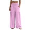 thumbnail image 2 of Bloomae Women Flowy Palazzo Pants Summer Boho Bagyy Wide Leg Elastic High Smocked Waist Casual Loose Comfy Lounge Trousers with Pockets Pink XL, 2 of 7