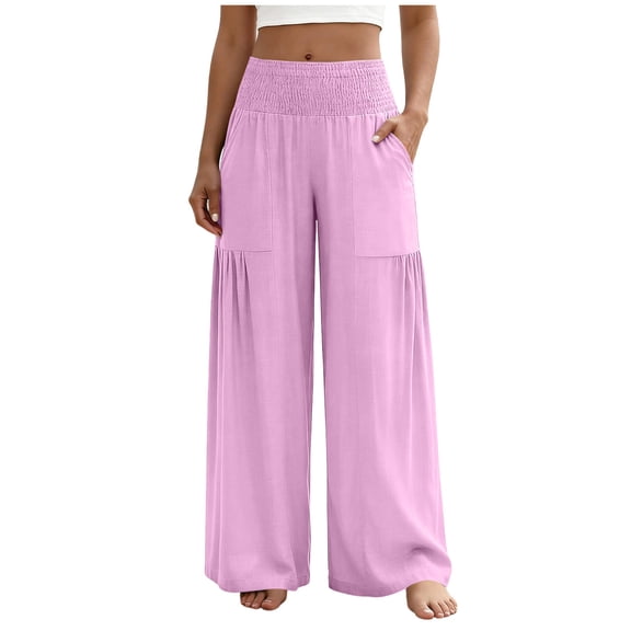 VEKDONE Women's Wide Leg Palazzo Pants, Casual Loose Fit Flowy Smocked Waist Trousers Summer Beach Travel Long Pants with Pockets Pink XL