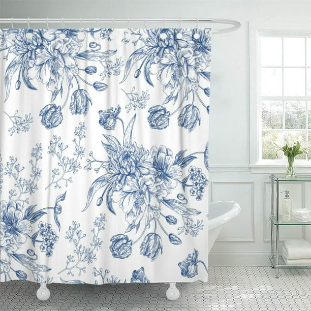 Suttom Chinoirise Blue Toile Flowers, Toile Shower Curtains Black White