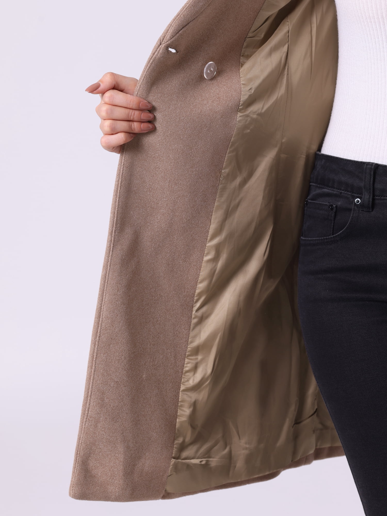 DARING DIVA Women's Vintage Belted Coat Stand Collar Winter Outwear Coats Dark Beige L