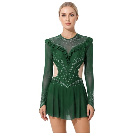 Doomiva Women's Figure Ice Skating Dress Long Sleeve Mesh Patchwork Gymnastics Skirted Leotard Dancewear Dark Green M