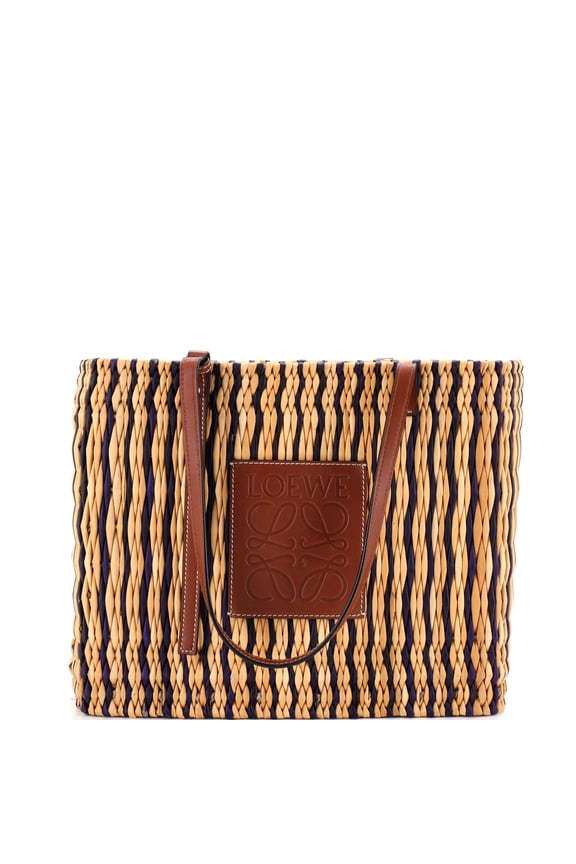 Pre-Owned Paula's Ibiza Square Basket Tote Woven Reed with Leather Small By Rebag