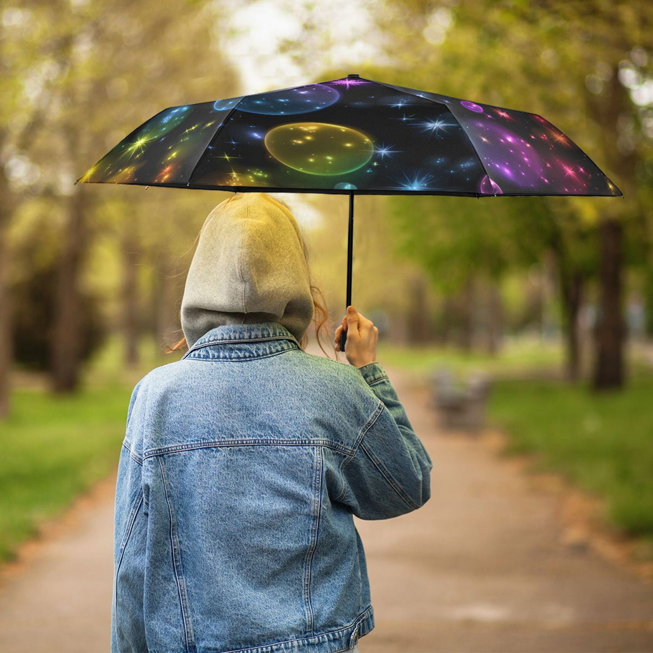 Rainbow Colored Bubbles All Weather Umbrella Triple Folding Parasol 6 Ribs UV Protection Portable