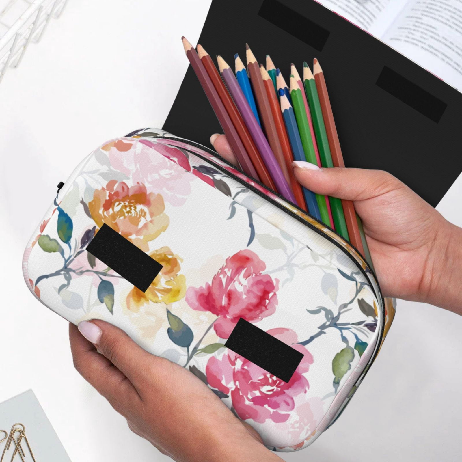 Rateoe Colorful Flowers Pattern Double Clamshell Pen Case, Storage Organizer with Two Zipper Compartments– Holds Up to 50 Pencils & Pens