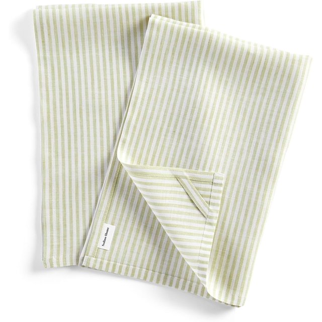 Solino Home Serviettes de Cuisine en Lin Sauge et Blanc Lot de 2 - 100 % Lin Pur Rayures Étroites 17 x 26 Pouces - Lavable en Machine et Fabriqué à la Main à Partir de Lin Européen