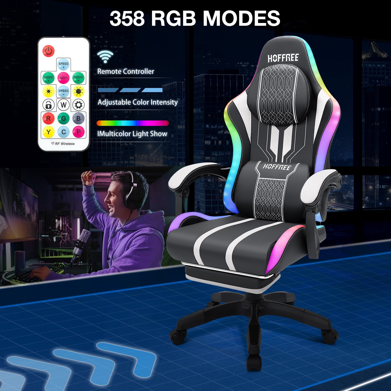 Hoffree Gaming Chair with Speakers Big and Tall Office Chair with Footrest Heavy Duty Gamer Chair with Lumbar Support Height Adjustable 360-Swivel Seat and Headrest for Adults, 400lbs