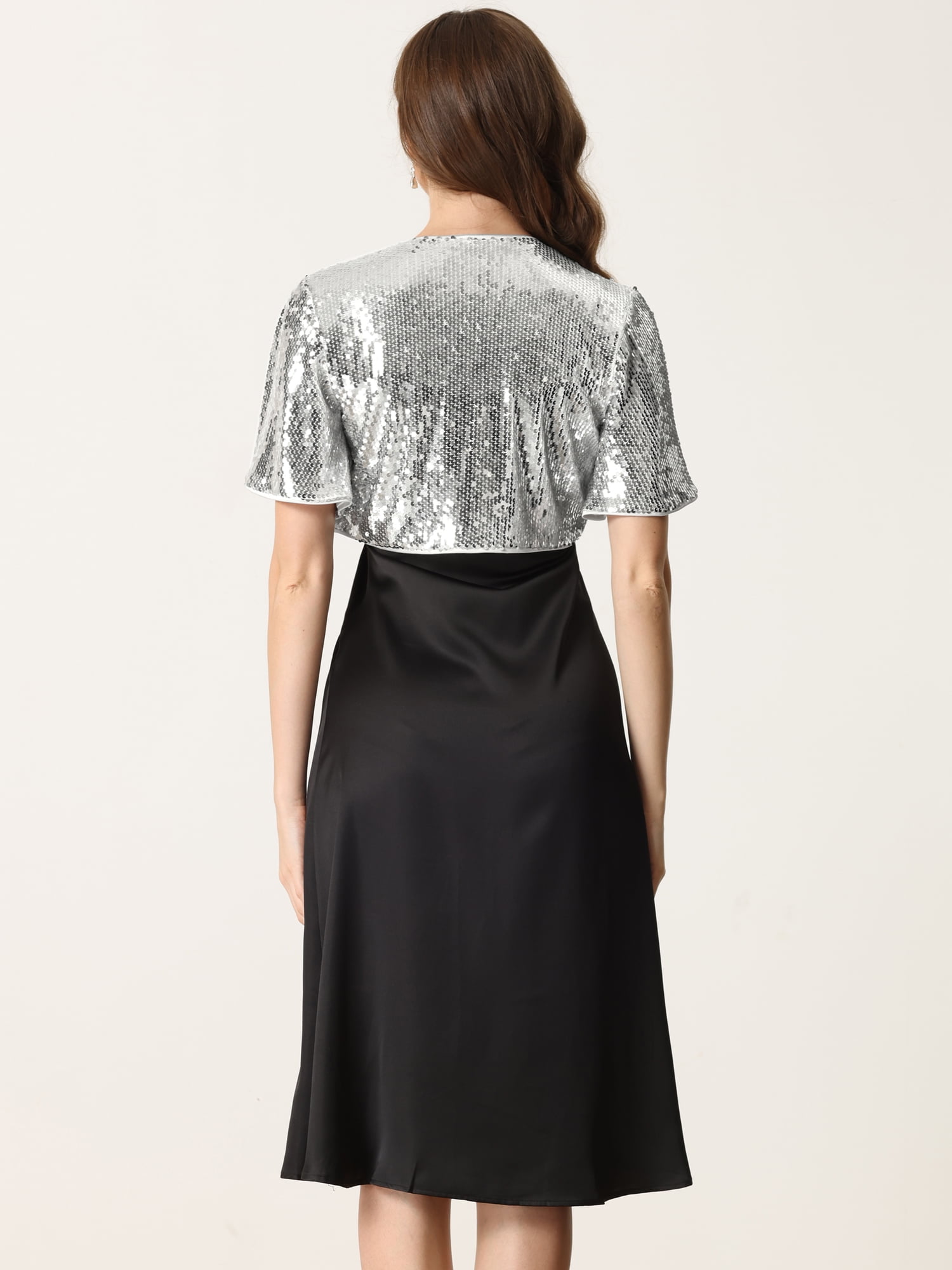 DARING DIVA Flared Sleeve Crop Shrug Bolero Glitter Jackets M Silver