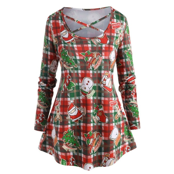 Más el tamaño de la tela escocesa de la Navidad entrecruzado camiseta impresa Rosegal Mangas largas de talla grande