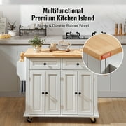 BENTISM 35.4 Kitchen Island on Wheels Cart Rubber Solid Wood Countertop Rolling Storage Cabinet with 2 Drawers & Spice Rack & Towel Holder, White