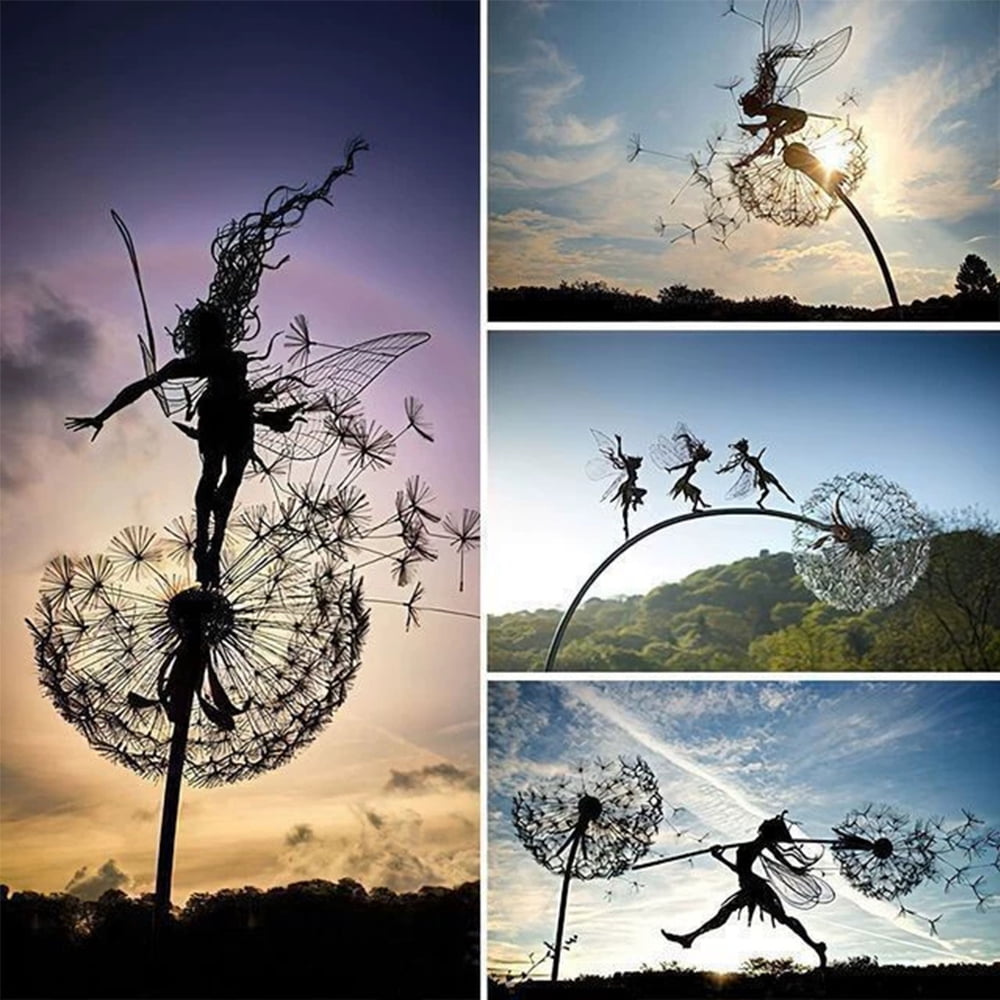 3D Outdoor Metal Craft Dandelion Fairy Plug-In, Garden Lawn Decoration Sculpture, Courtyard Terrace Decoration