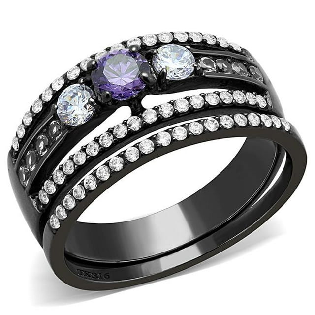 Alamode DA001-5 Bague en Acier Inoxydable Noire IP pour Femmes avec Grade AAA CZ en Améthyste - Taille 5