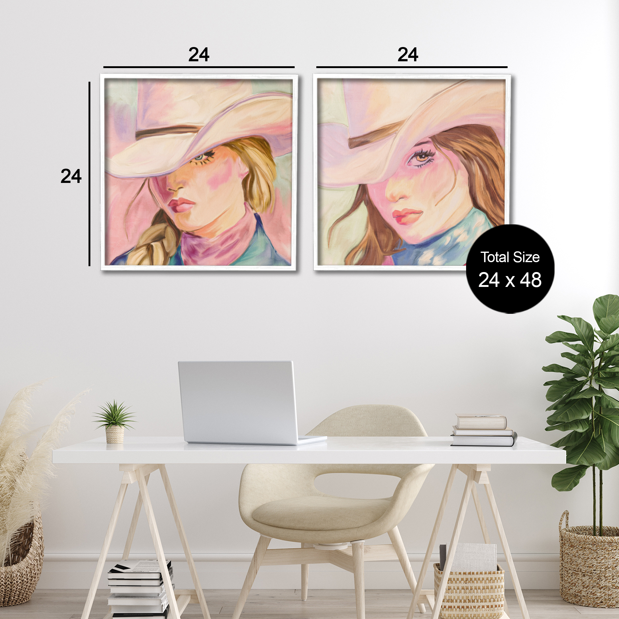 Pastel Cowgirls Gazing 2 Piece White Framed Giclee Art Set, design by Kim Allen