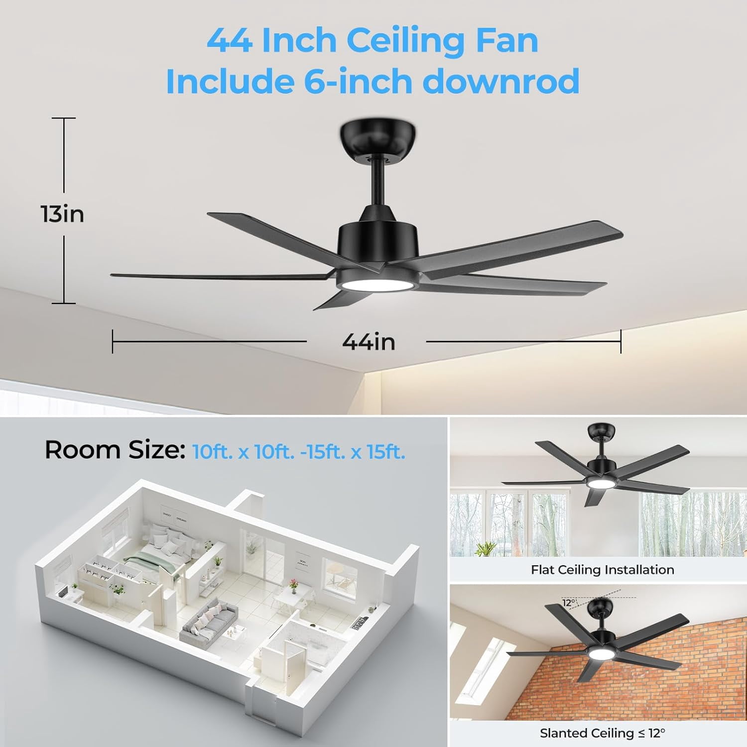 44 Inch Black 5-Blade Modern Ceiling Fan with Dimmable 3CCT LED Light, Reversible DC Motor, Wireless Remote & 2/4/8H Timer for Living Room Bedroom Kitchen