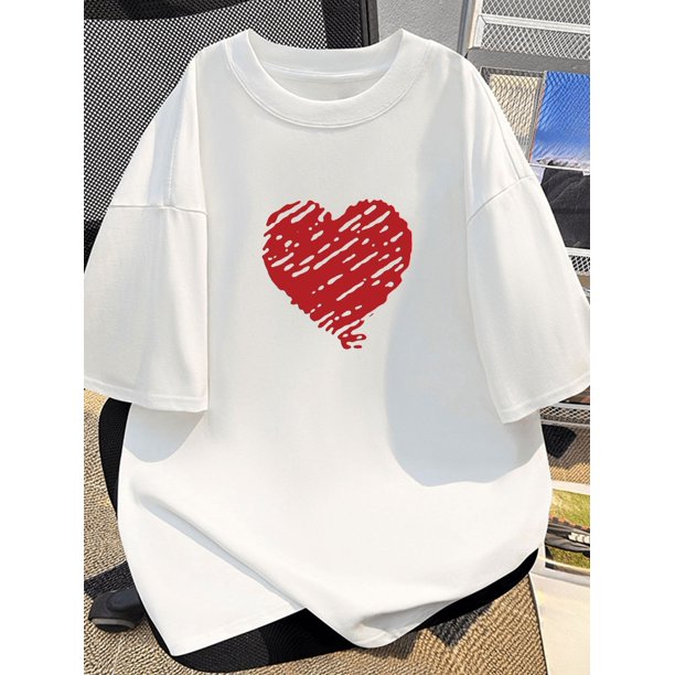 Camiseta clásica de algodón negra con diseño de corazón: camiseta informal, transpirable y versátil de manga corta y cuello redondo para un look informal.
