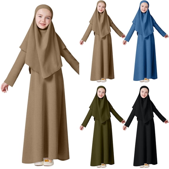 XUNKUSGA Muslim Dress 4-12Y Casual Solid Color Long Sleeve Prayer Dress Islamic Maxi Kaftan with Hijab Dubai Full Length 2 Piece girls dresses for Ramadan,Blue