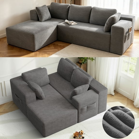 L-Shape Modular Sectional Sofa,Asofer 105" Cloud Sectional Couch with Chaise, Upholstered Corduroy Couch with Deep Seat, No Assembly Required