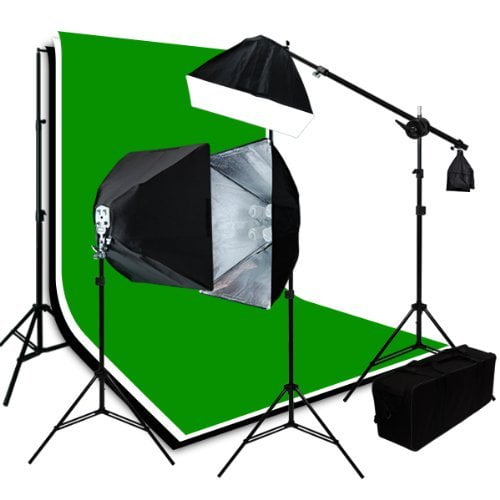 Studio Photography Studio Video Lighting 3 Muslin Backdrops 10 x 12 Chromakey Green Black White Screen Background Support System H9004SB2-1012BWG