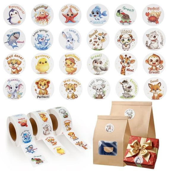 3 Rolls Animals Stickers for Kids 1500 PCS Stickers Bulk 1 Inch Cute Wild Farm Animal Stickers with Motivational Words Water Bottle Decal for Student Classroom Reward