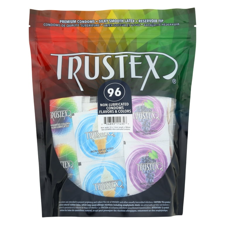 Trustex Non-Lubricated Latex Condoms Variety Pack, Flavored, Non-Lubricated  Natural, and Colored Condoms, Bag of 96