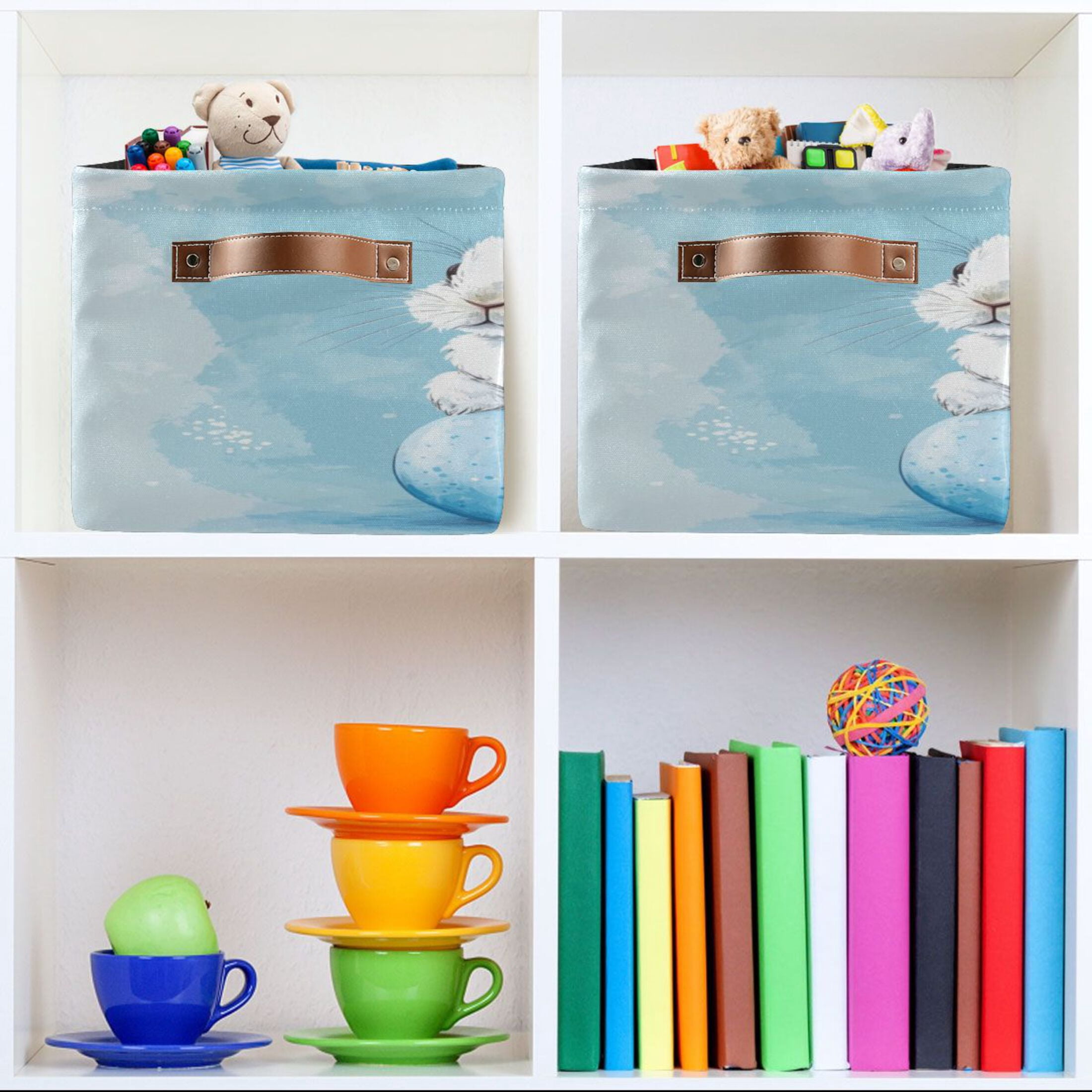 Square Storage Basket 14.2*10.2*8.3 Inch One Sizex2 Shelf Basket Open Home Storage Bins Bedroom Storage Basket Closet Storage Stylish Decor Blue Easter Bunny