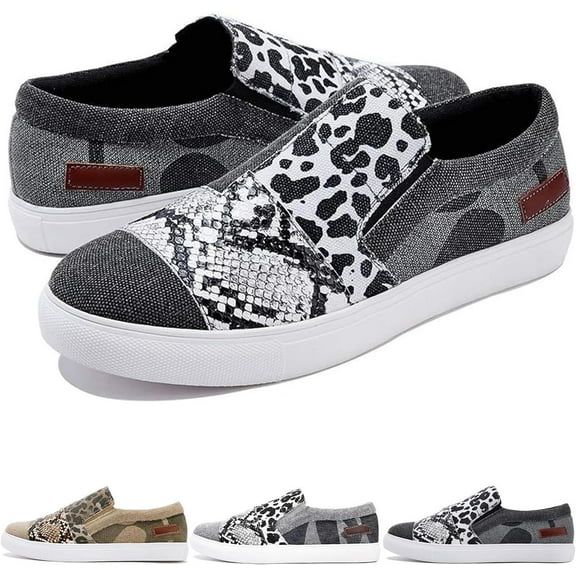 KAQ Women's Casual Animal Print Canvas Slip-On Flats - Raw Edge Pieced Design, Orthopedic Comfort, Low-Top Platform Sneaker Style