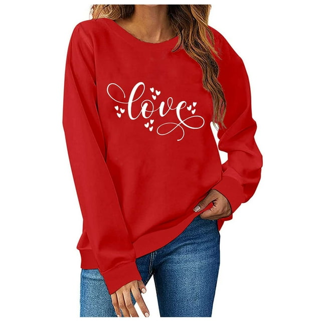 Cadeaux de Printemps TIMIFIS Valentines Day pour Elle Cœur Chandail pour Femmes Mode Mignon Imprimé Amour Col Rond Chandails en Molleton Décontractés Manches Longues Tenues Printemps Automne - Printemps/été