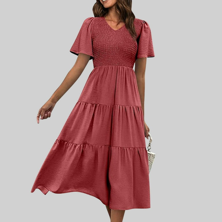 Yellow V Neck Button Layered Hem Smock Dress Yellow V Neck Button Layered Hem Smock Dress