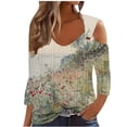 thumbnail image 2 of Cagogo Women's Loose Fit Boho Short Sleeve Eyelet Cold Shoulder Blouses Under $5 Summer Spring Tops Floral Print Round Neck T Shirt Holiday Beach Green Blouses Clothes, 2 of 5