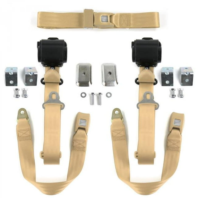 Ford 1941-1948 Standard 3 Point Tan Retractable Bench Seat Belt Kit with Bracketry - 3 Belts
