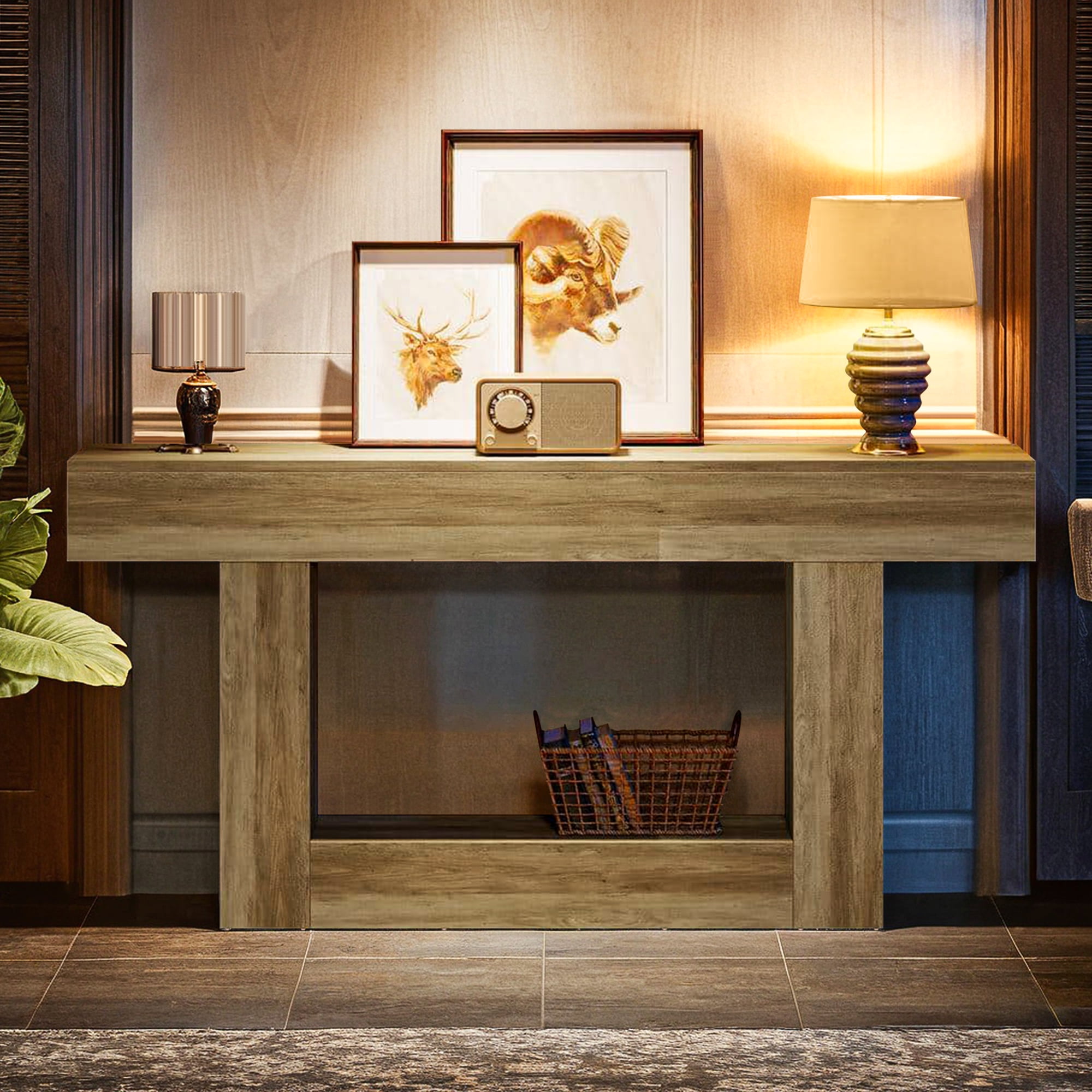 Demi Bonn 63" Wood Console Table, Farmhouse 2-Tier Sofa Table Entryway Table, Foyer Display Table, Gray