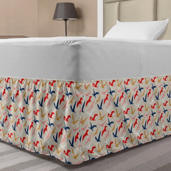 Birds Bed Skirt, Migrating Pelicans Silhouette Dovetail in the Sky Contemporary Style Nature Concept, Elastic Bedskirt Dust Ruffle Wrap Around for Bedding Decor, 4 Sizes, Multicolor, by Ambesonne