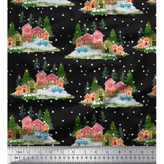 Soimoi Georgette Viscose Fabric House,Snowfall & Tree Nature Print Fabric by The Yard 42 Inch Wide
