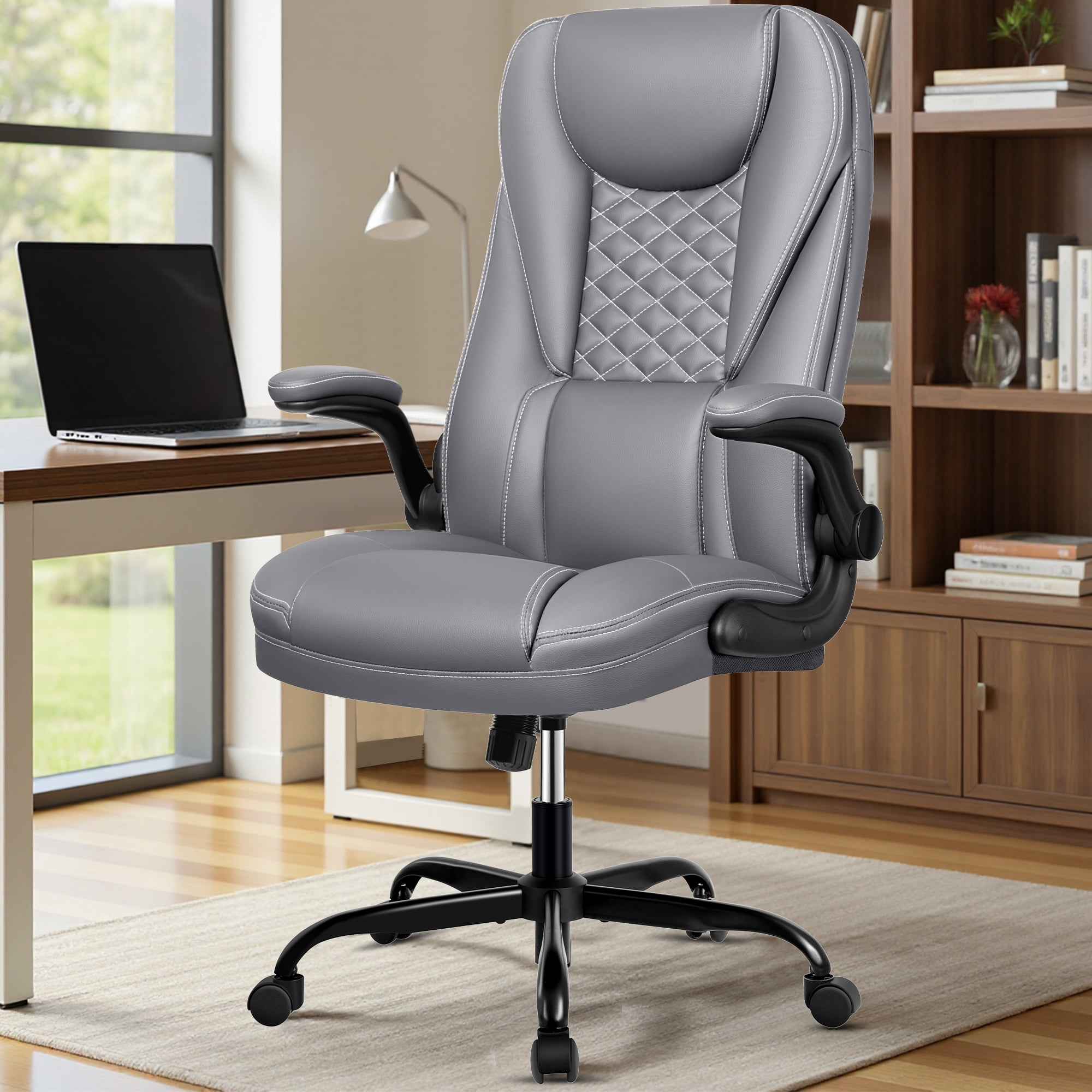 COOLHUT Big and Tall Office Chair, Executive Home Office Desk Chairs, Ergonomic Computer Faux Leather Desk Chair with Adjustable Flip-Up Arms, Lumbar Support Swivel Task Chair, Gray