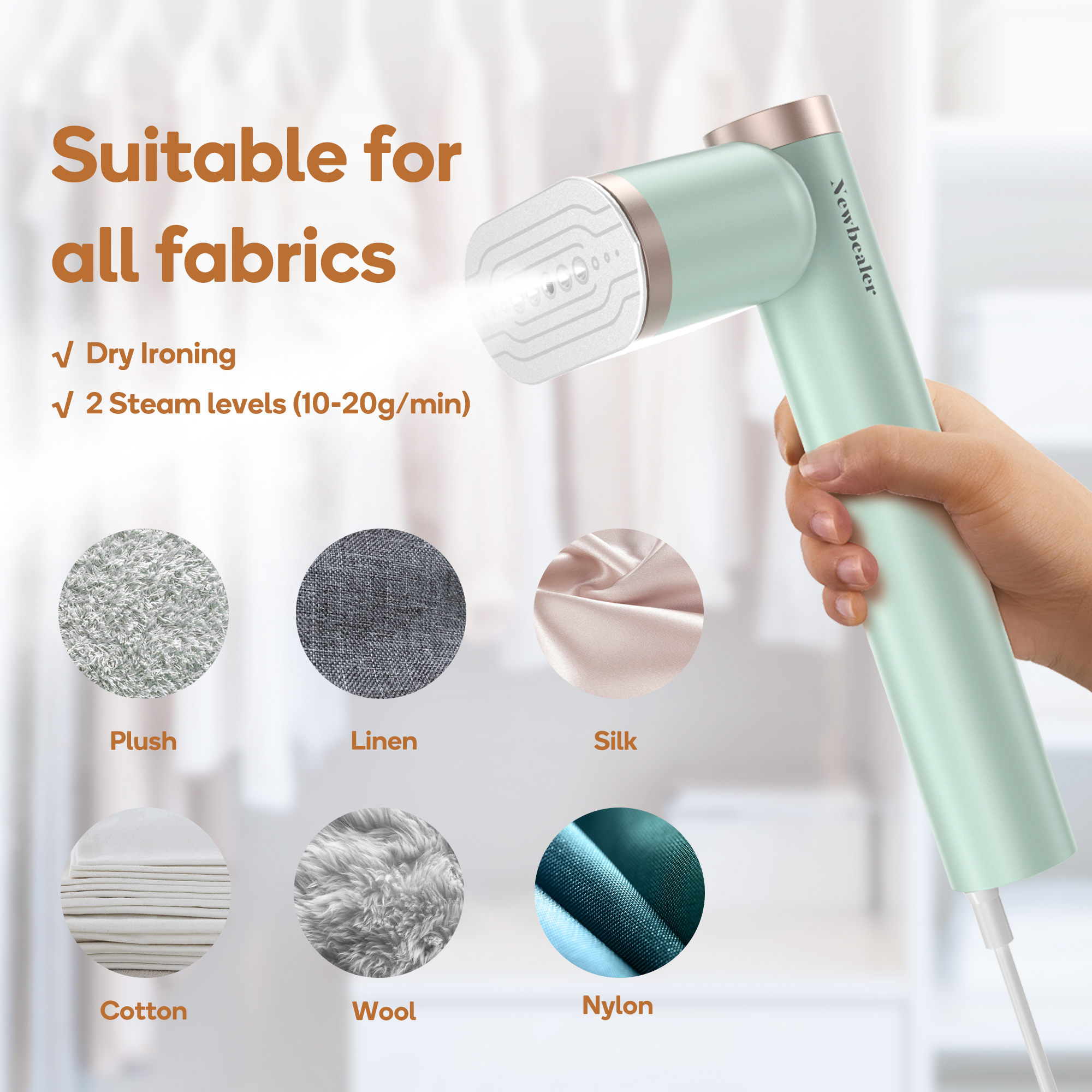 Newbealer Portable Steamer for Clothes, Leak-Proof Handheld Garment Steamer & Iron,15s Fast Heat-up, 120ml Compact Water Tank, Lightweight for Suitcase & Carry-on,Mint Green​