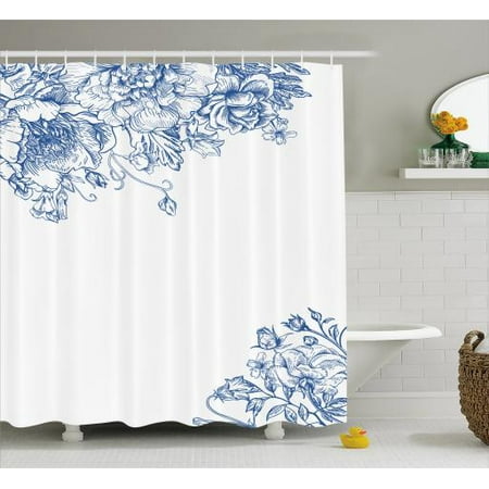 Vintage Blue Shower Curtain Style Fl Design With Peony Vintage Blue Shower Curtain Style Fl Design With Peony Blossoms Buds And Roses