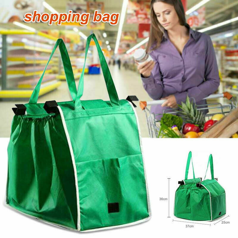 2 Pack Reusable Foldable Clips To Cart Supermarket Shopping Grab Trolley Bags 