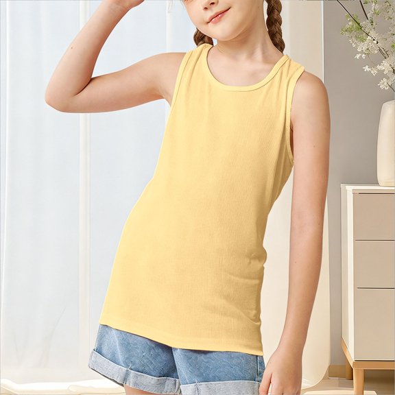 UACY Girl Cotton Sleeveless Shirt Strap Racerback Athletic Tank Top Toddler Summer Comfy Top Kid Girls Soft Yoga Casual Undershirt (Yellow, 11-12 Years)