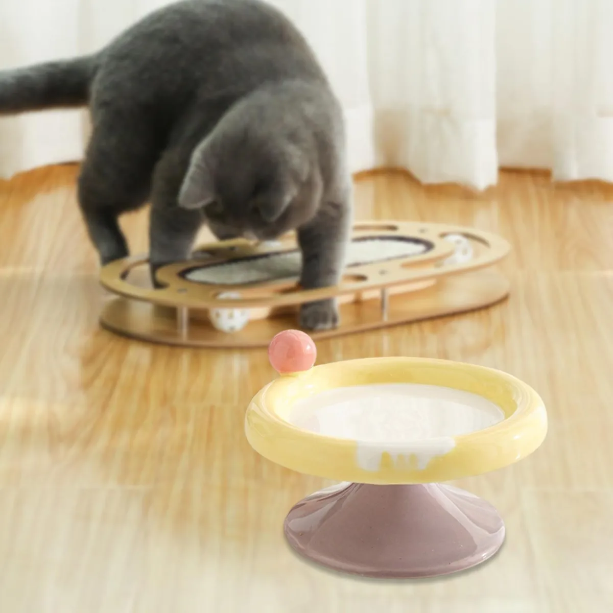 Fairela Elevated Ceramic Cat Bowl, Anti-Slip Raised Pet Feeder, Ice Cream Style Design, Yellow