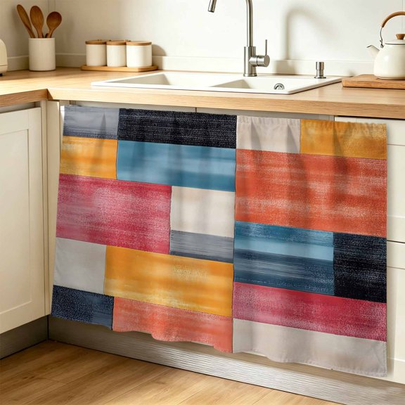 Colorful Abstract Geo Cabinet Curtains for Shelves, Vintage Color Block Privacy Curtain for Closet Self Adhesive, Dust-Proof Drapes for Closet Storage Room Classroom Doorway, 32"W x 55"L