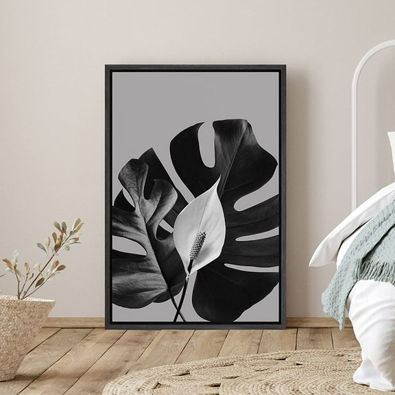 PixonSign Framed Canvas Print Wall Art Monstera and Anthurium Flower Nature Plants Photography Modern Art Chic Relax/Calm Dark Black and White for Living Room, Bedroom, Office - 24"x36" Black