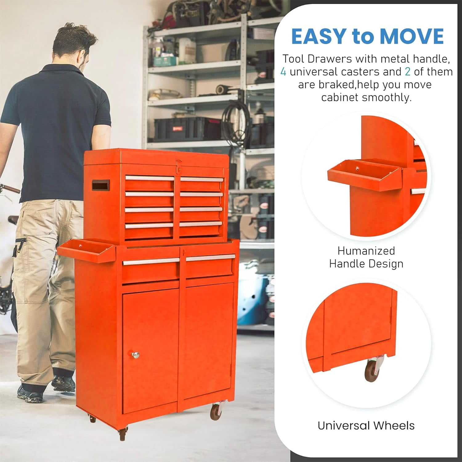 POWANLI Detachable 5-Drawer Rolling Tool Chest with Bottom Cabinet and One Adjustable Shelf/Locking System for Garage Workshop Warehouse Repair Shop