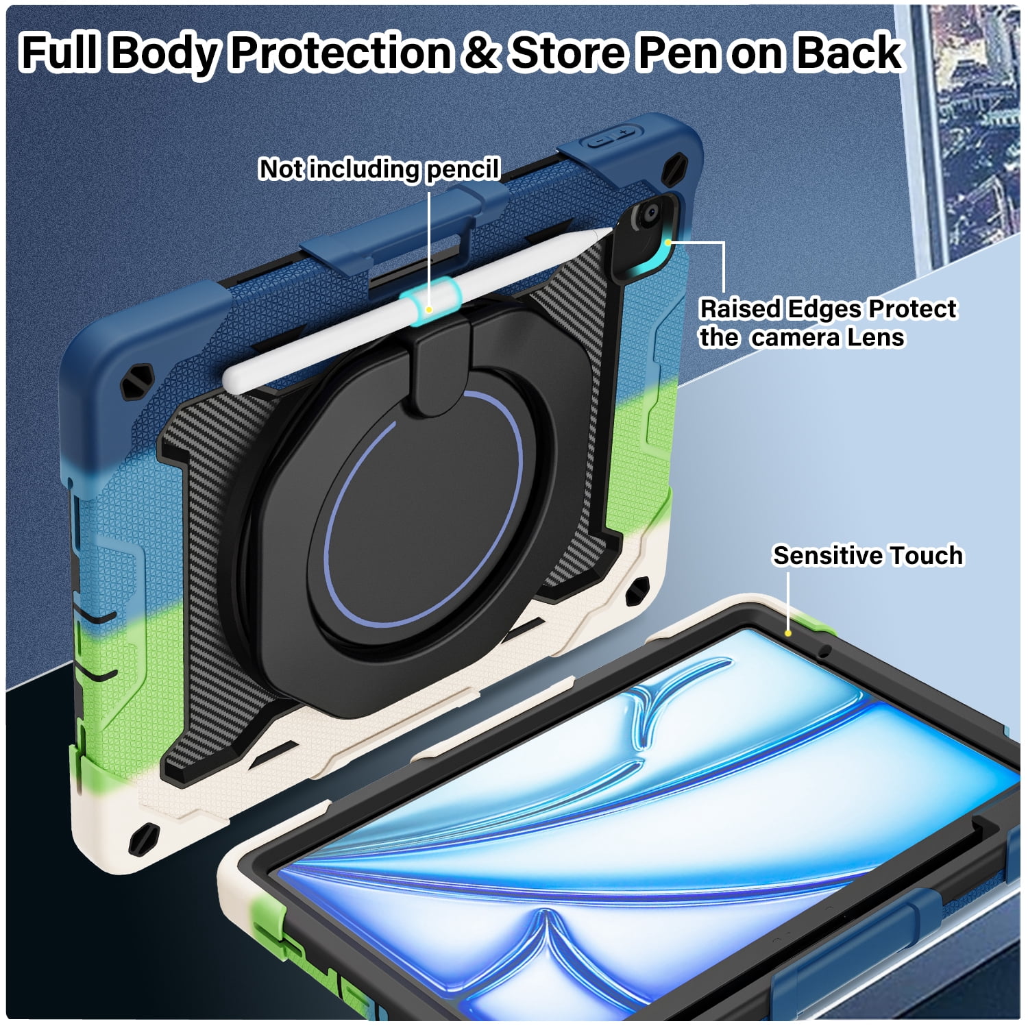 ROISKIN for iPad Air 11 inch Case (M3 2025/M2 2024)/ Air 6th Generation for Kids with HD Screen Protector, 360 Rotating Kickstand, Shoulder Strap, Pen Holder, Heavy Duty Military Case for iPad Air 11
