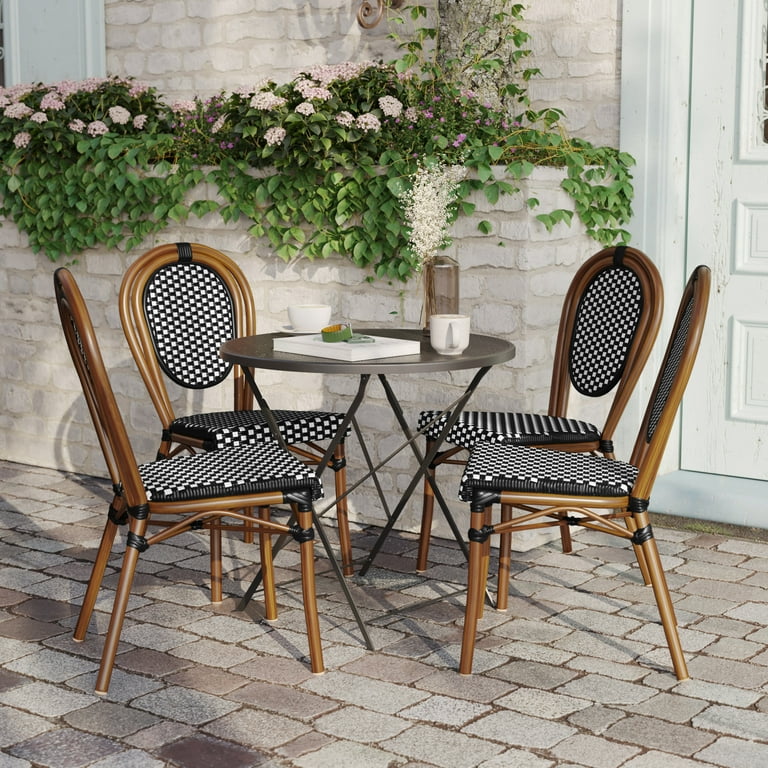 Flash Furniture 4 Pack Indoor Outdoor Commercial Thonet Bistro Stack Chair Natural White PE Rattan and Bamboo Aluminum Frame in Natural